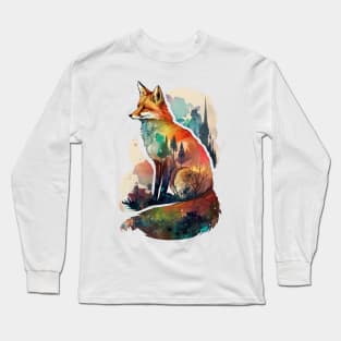 Fox Watercolor Forest Cute Autumn Leaves Landscape Animal Print Long Sleeve T-Shirt